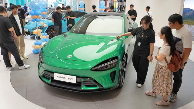 Kunden lassen sich das E-Auto Xiaomi YU7 erklären, bei einer Niederlassung in Yantai, China.