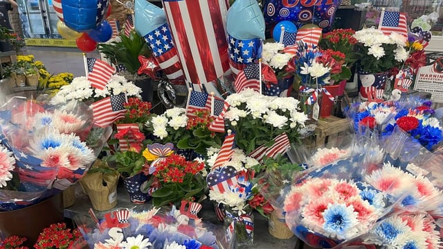 Grocers prepare for Fourth of July with festive decor and food selections. Fourth of July bouquets at Tom Thumb on June 24, 2025 in Fort Worth.