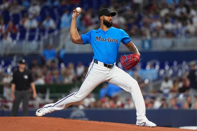 MIAMI, FLORIDA - JUNE 22: Sandy Alcantara #22 of the Miami Marlins pitches during the game against the Atlanta Braves at loanDepot park on June 22, 2025 in Miami, Florida.