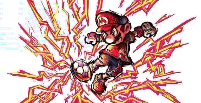 An illustration of Mario kicking a ball crackling with red energy in Super Mario Strikers