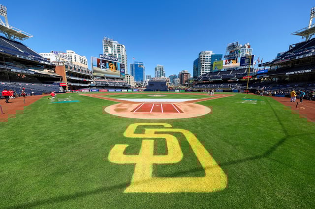 SAN DIEGO, CALIFORNIA - APRIL 3: General view of a San Diego Padres logo on the field at PETCO Park prior to a game against the St. Louis Cardinals at PETCO Park on April 3, 2024 in San Diego, California.
