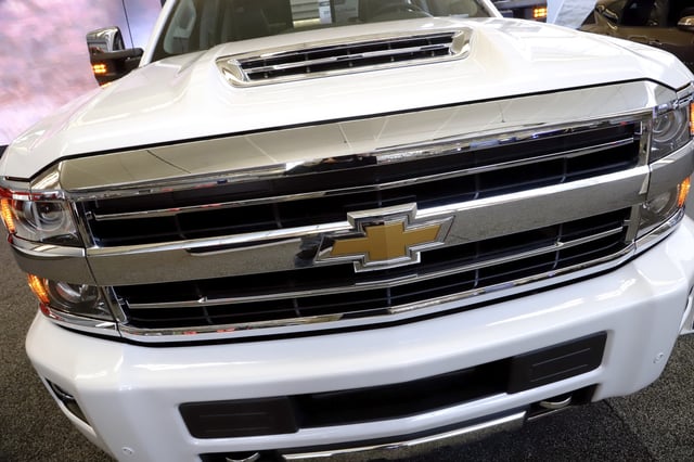 This is a 2019 Chevrolet Silverado HD truck on display at the 2019 Pittsburgh International Auto Show in Pittsburgh Thursday, Feb. 14, 2019. (AP Photo/Gene J. Puskar)