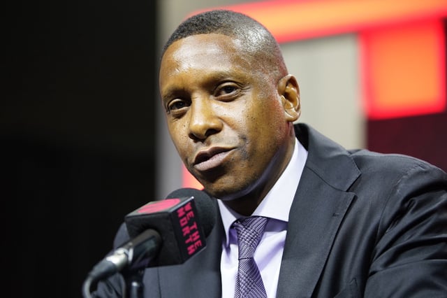 Sep 30, 2024; Toronto, Ontario, Canada; Toronto Raptors vice chairman and team president Masai Ujiri  talks to the media during media day at Scotiabank Area. Mandatory Credit: John E. Sokolowski-Imagn Images