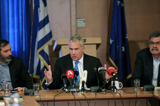 Greek Agriculture Minister Makis Voridis (C) addresses journalists during a news conference in Athens, Greece, February 6, 2020. REUTERS/Constantina Peppa/ File Photo