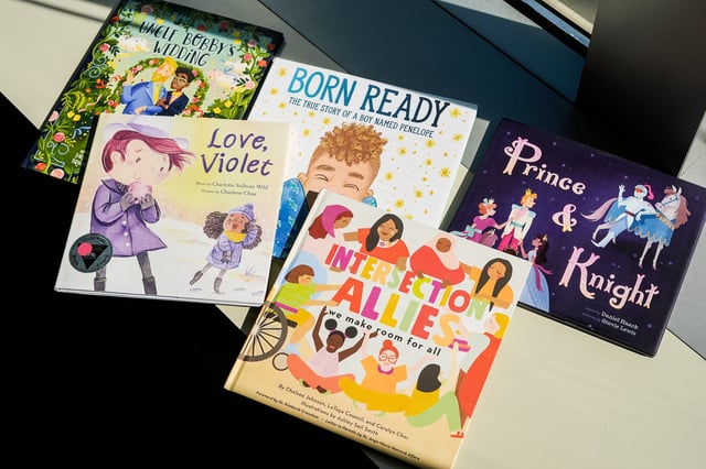 A selection of books featuring LGBTQ characters that are part of a Supreme Court, on April, 15, 2025, in Washington. 