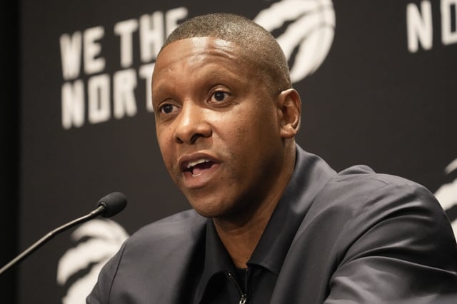 Oct 2, 2023; Toronto, ON, Canada; Toronto Raptors president Masai Ujiri during Media Day at the Hilton Toronto. Mandatory Credit: John E. Sokolowski-USA TODAY Sports