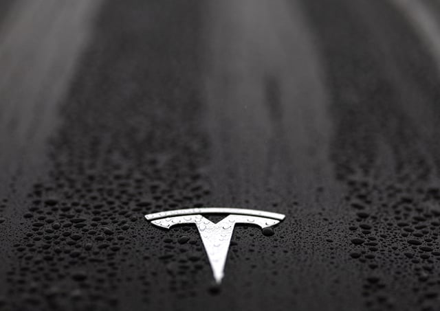 The logo of Tesla is seen on a Tesla car in Brussels, Belgium April 24, 2025. REUTERS/Yves Herman/File Photo