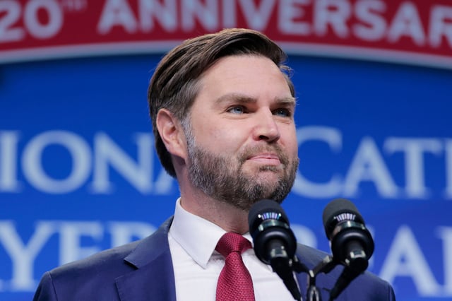 Vice President J.D. Vance speaking during the 20th annual National Catholic Prayer Breakfast at the Walter E. Washington Convention Center on February 28, 2025 in Washington, DC.