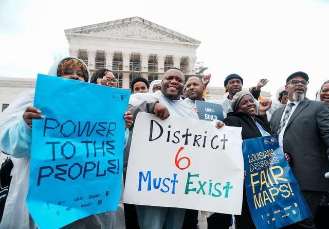 People gather outside of the United States Supreme Court following arguments heard in Louisiana v. Callais on March 24, 2025. Last year, Louisiana sent two Black representatives to Congress for the first time in almost three decades under a congressional map being challenged as unfair to the state’s non-Black residents. The Supreme Court heard that challenge in the latest case that could affect how states can consider race when creating legislative maps.