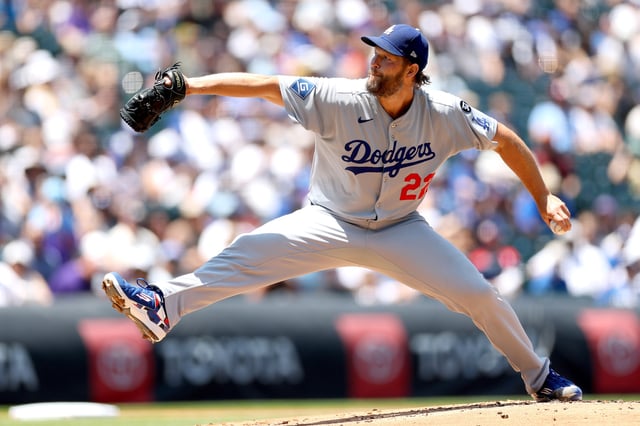 DENVER, COLORADO - JUNE 26: Starting pitcher Clayton Kershaw #22 of the Los Angeles Dodgers throws against the Colorado Rockies in the first inning at Coors Field on June 26, 2025 in Denver, Colorado.