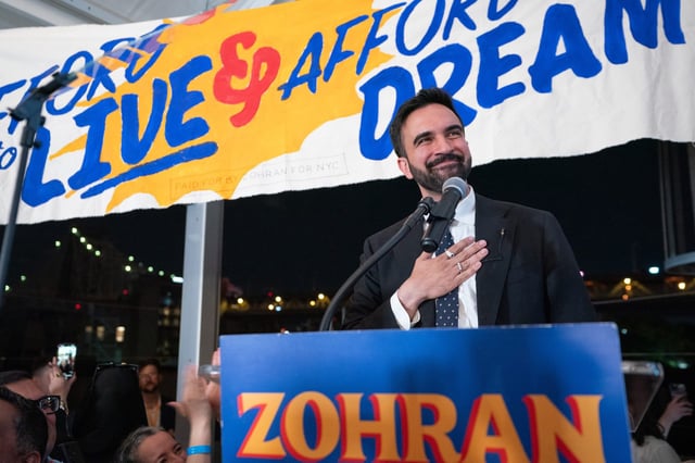 Zohran Mamdani speaks during his victory party in the Queens borough of New York City early Wednesday, June 25, 2025, after chief rival Andrew Cuomo conceded.
