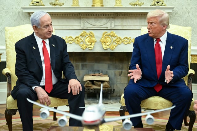 U.S. President Donald Trump meets with Israeli Prime Minister Benjamin Netanyahu in the Oval Office of the White House in Washington, D.C, on April 7, 2025.