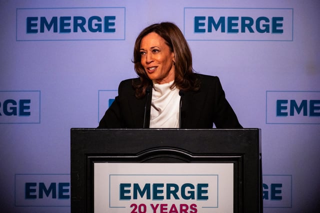 Former Vice President Kamala Harris speaks at the Emerge 20th Anniversary Gala in San Francisco, California on April 30, 2025.