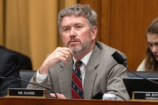 FILE - Rep. Thomas Massie, R-Ky., listens during a joint subcommittee hearing of the House Judiciary Committee, on Capitol Hill, April 1, 2025, in Washington. (AP Photo/Mark Schiefelbein, File)