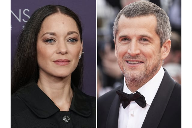 Marion Cotillard appear at the Women in Film Honors in Beverly Hills, Calif., on Oct. 23, 2024, left, and Guillaume Canet appears at the awards ceremony of the 75th international film festival, Cannes, southern France on May 28, 2022. (AP Photo)
