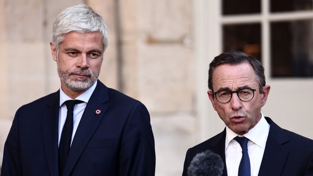 Laurent Wauquiez, président du groupe parlementaire «Droite Républicaine» à l’Assemblée nationale, et Bruno Retailleau président du parti Les Républicains et ministre de l’Intérieur.