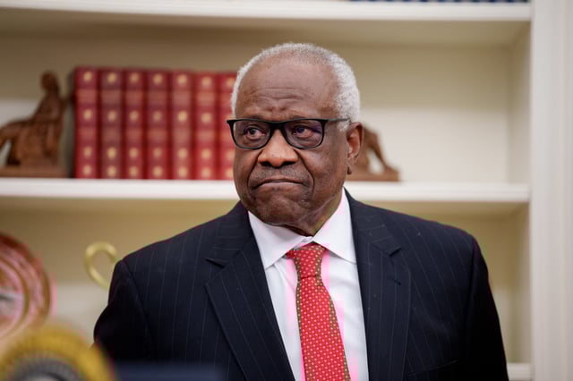U.S. Supreme Court Associate Justice Clarence Thomas appears before swearing in Pam Bondi as U.S. Attorney General in the Oval Office at the White House on February 05, 2025 in Washington, DC.