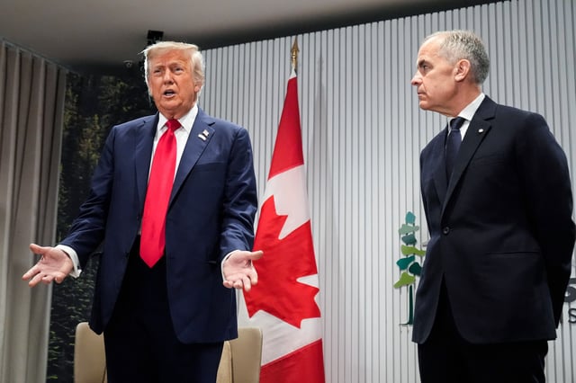 President Donald Trump during a meeting with Canada's Prime Minister Mark Carney in Kananaskis, Canada, on June 16, 2025.