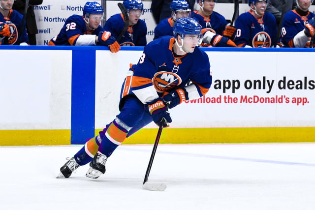 Apr 15, 2025; Elmont, New York, USA; New York Islanders defenseman Noah Dobson (8) skates with the puck during the first period against the Washington Capitals at UBS Arena. Mandatory Credit: John Jones-Imagn Images/File Photo