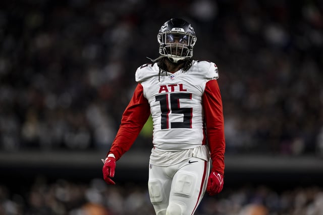 Matthew Judon #15 of the Atlanta Falcons looks on during an NFL Football game against the Las Vegas Raiders at Allegiant Stadium on December 16, 2024 in Las Vegas, Nevada.