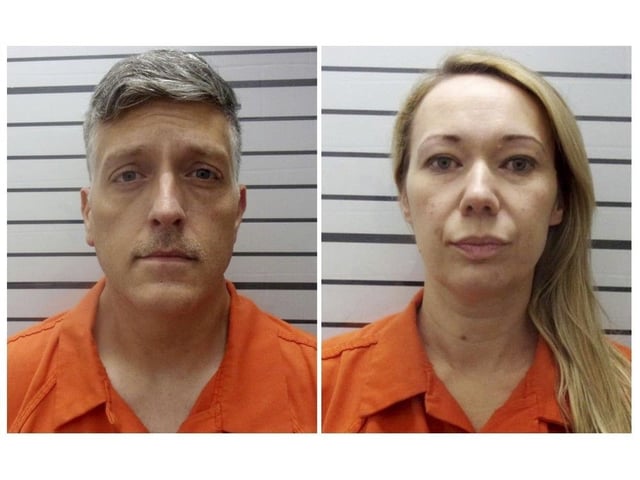 This combination of booking photos provided by the Muskogee County, Okla., Sheriff's Office shows Jon Hallford, left, and Carie Hallford, owners of Return to Nature Funeral Home. (Muskogee County Sheriff's Office via AP, File)