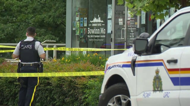 Police have crime scene tape up outside MLA Bowinn Ma's office on Friday morning.