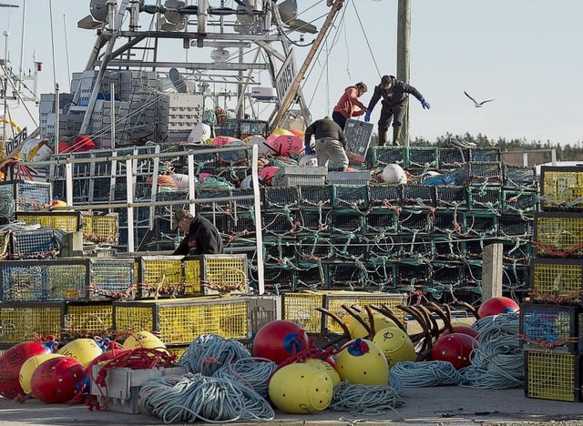 The Nova Scotia government says it will spend $1.73 million on helping 22 seafood companies and related organizations reduce their carbon emissions. Fishermen load lobster boats in Lower Woods Harbour, N.S., on Friday, Nov. 26, 2018.  THE CANADIAN PRESS/Andrew Vaughan