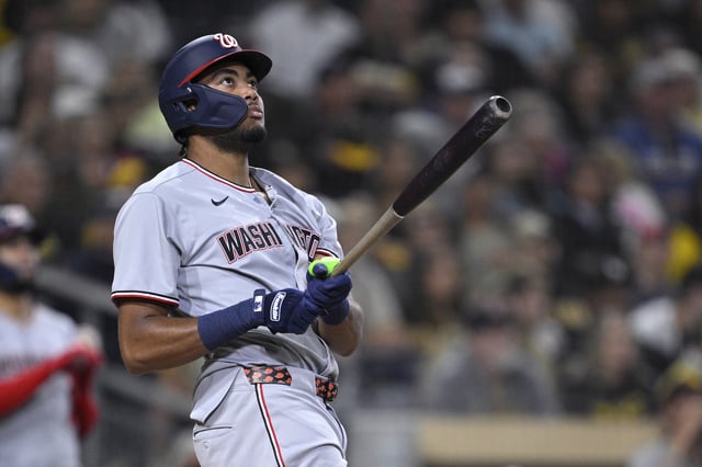 SAN DIEGO, CALIFORNIA - JUNE 23: James Wood #29 of the Washington Nationals hits a three-run home run against the San Diego Padres during the eighth inning at Petco Park on June 23, 2025 in San Diego, California.