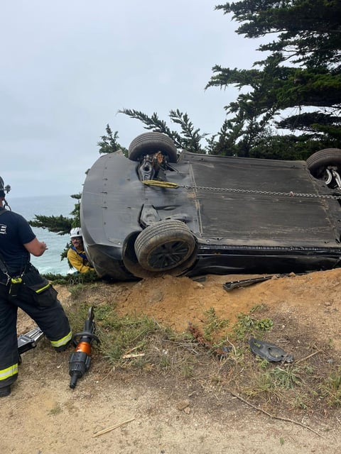 A tree stopped a car from falling down a cliff near Devil’s Slide on Highway 1 on Thursday, blocking traffic for hours.