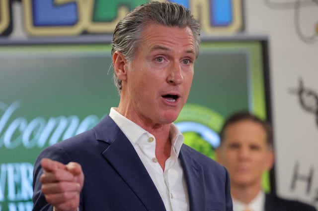 California Governor Gavin Newsom gestures while speaking at the Clinton Elementary School in Compton, California, U.S. June 5, 2025. REUTERS/Daniel Cole/File Photo