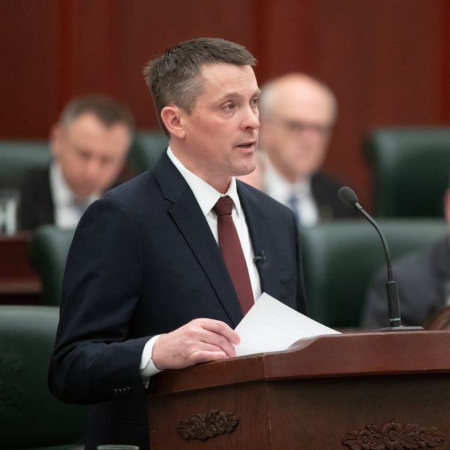Alberta Finance Minister Nate Horner delivers the budget in Edmonton, Thursday, Feb. 29, 2024. THE CANADIAN PRESS/Jason Franson