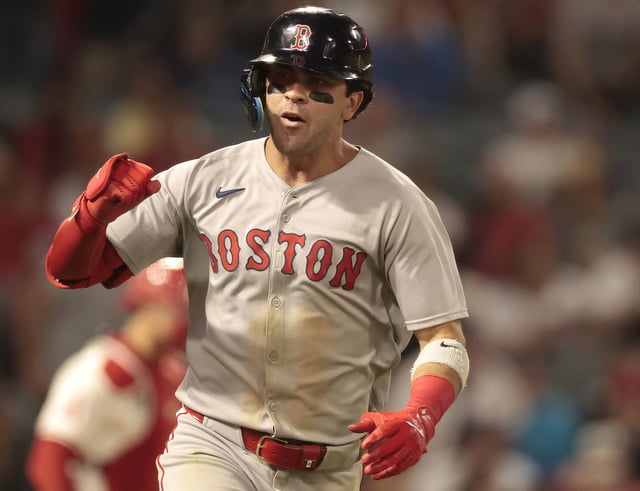 ANAHEIM, CALIFORNIA - JUNE 24: Marcelo Mayer #39 of the Boston Red Sox reacts after hitting a RBI single scoring Ceddanne Rafaela #3 against the Los Angeles Angels in the tenth inning at Angel Stadium of Anaheim on June 24, 2025 in Anaheim, California.