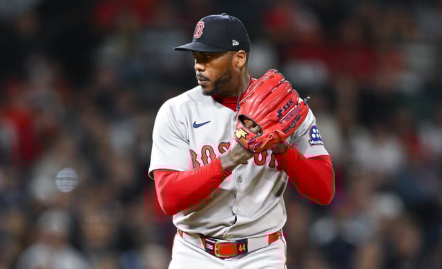 ANAHEIM, CALIFORNIA - JUNE 24: Aroldis Chapman #44 of Boston Red Sox throws in the bottom of the ninth inning during the game against the Los Angeles Angels at Angel Stadium of Anaheim on June 24, 2025 in Anaheim, California.