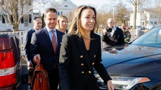 Karen Read leaving Norfolk Superior Court with her defense attorneys, David Yannetti, left, Alan Jackson and Elizabeth Little after her court hearing at Norfolk Superior Court. Norfolk Superior Court Judge Beverly Cannone continued the case for 5 weeks to April 16. (Credit: Matthew J. Lee/The Boston Globe via Getty Images)