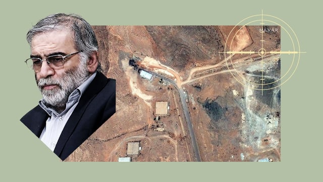A satellite image shows the damage to the entrance of a nuclear site in Isfahan, Iran, after US airstrikes. Mohsen Fakhrizadeh, left, an Iranian nuclear physicist, was assassinated in 2020