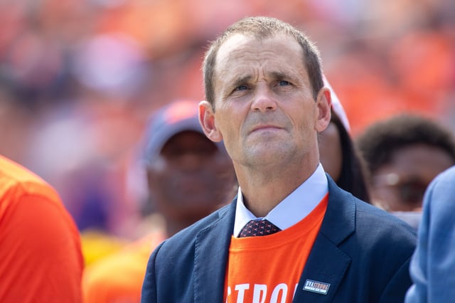 The University of Virginia President Jim Ryan looks on during a pregame show in 2023.