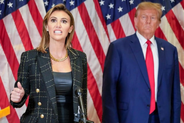 FILE – Attorney Alina Habba is joined by former President Donald Trump as she speaks during a news conference, Jan. 11, 2024, in New York. Testy encounters between lawyers for former President Donald Trump and judges have come to be expected as the attorneys carry into the courtroom the bombastic, and often antagonistic, style that defines his campaign trail demeanor. (AP Photo/Mary Altaffer, File)
