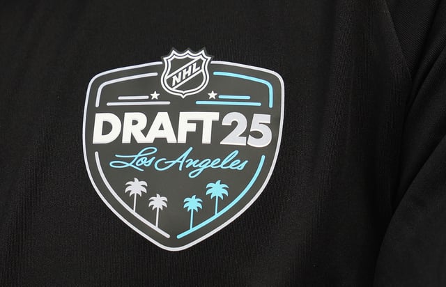 A close-up view of the NHL Draft logo photographed during the National Hockey League Top Prospects Media Availability at the JW Marriott LA Live on June 26, 2025, in Los Angeles, California.