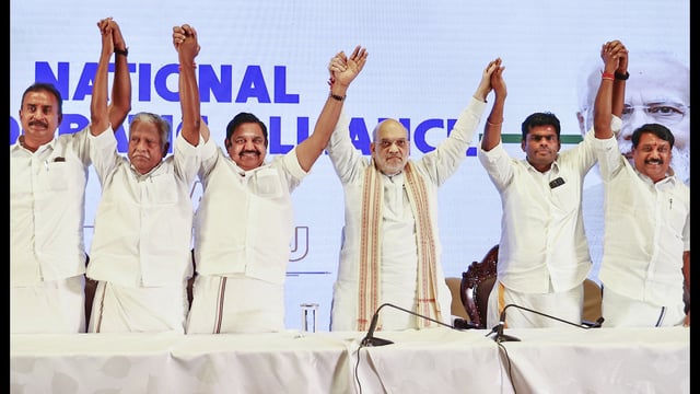Chennai: Union Home Minister Amit Shah with AIADMK general secretary Edappadi K Palaniswami, Tamil Nadu BJP President K Annamalai and others during a press conference, in Chennai, Friday, April 11, 2025. (PTI)