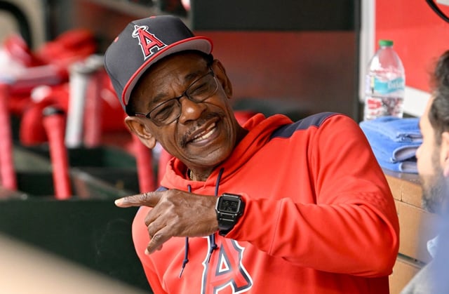 Angels manager Ron Washington, shown talking in the dugout before a game against the Toronto Blue Jays last month at Angel Stadium, will miss the rest of the 2025 season with an unspecified medical issue. (AP Photo/Alex Gallardo)