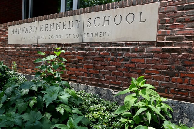 A view of a sign for the Harvard Kennedy School of Government on July 08, 2020 in Cambridge, Massachusetts.