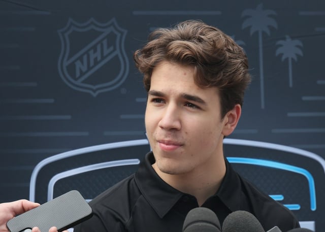 Michael Misa speaks with the media during the National Hockey League Top Prospects Media Availability at the JW Marriott LA Live on June 26, 2025 in Los Angeles, California.  (Photo by Bruce Bennett/Getty Images)