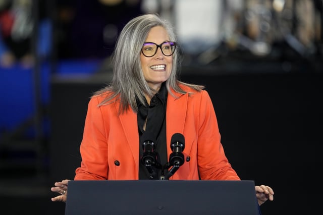 FILE - Arizona Gov. Katie Hobbs speaks at a campaign event for Democratic presidential nominee Vice President Kamala Harris at Talking Stick Resort Amphitheatre, Thursday, Oct. 31, 2024, in Phoenix. (AP Photo/Matt York, File)