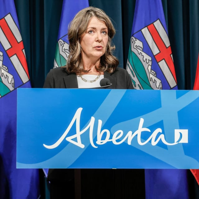 Alberta Premier Danielle Smith speaks during a news conference in Calgary, Alta., Wednesday, Feb. 19, 2025. THE CANADIAN PRESS/Jeff McIntosh