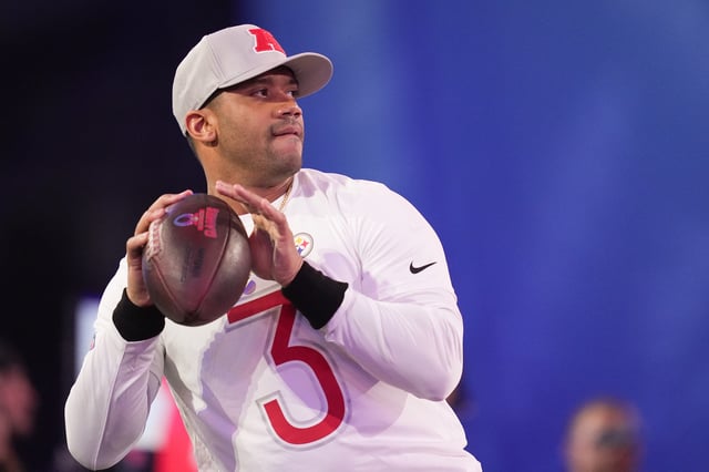 Russell Wilson #3 of the Pittsburgh Steelers and AFC throws a pass during the 2025 NFL Pro Bowl Skills Showdown on January 30, 2025 at the UCF Campus in Orlando, Florida.