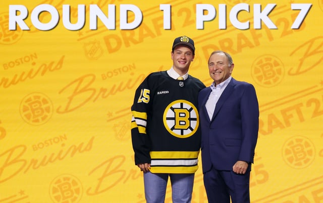 James Hagens poses with NHL commissioner Gary Bettman after being drafted by the Boston Bruins with the number seven overall pick during the first round of the 2025 Upper Deck NHL Draft at the Peacock Theater on June 27, 2025 in Los Angeles, California.
