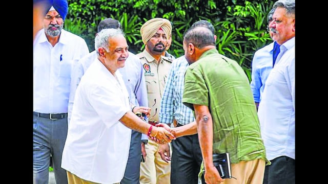 Former Punjab DGP Siddharth Chattopadhyay arrives to join the ongoing investigation against SAD leader Bikram Singh Majithia, at the Punjab Police Officers Institute in Chandigarh on Friday. (PTI)