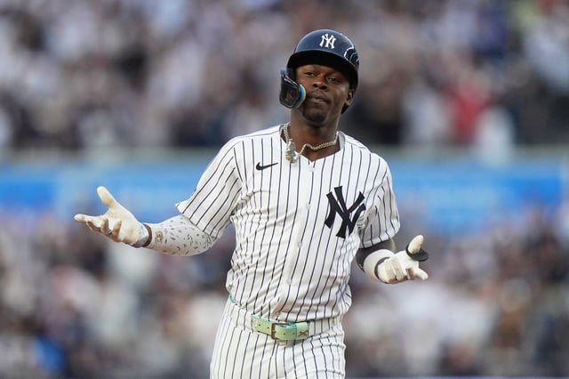 uNew York Yankees&#39; Jazz Chisholm Jr. gestures as he runs the bases after hitting a home run during the second inning of a baseball game against the Athletics Friday, June 27, 2025, in New York. (AP Photo/Frank Franklin II)