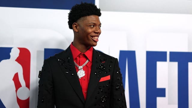 Ace Bailey poses on the red carpet prior to the first round of the 2025 NBA Draft at Barclays Center on June 25, 2025 in the Brooklyn borough of New York City. (Photo by Sarah Stier / GETTY IMAGES NORTH AMERICA / Getty Images via AFP)