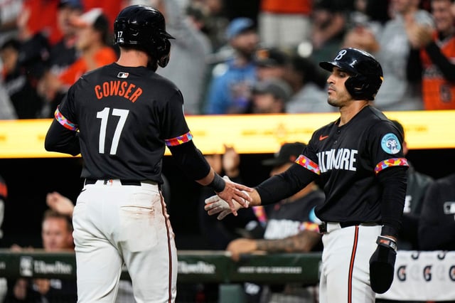 Baltimore Orioles&#39; Colton Cowser (17) and Ramon Laureano, right, celebrate after scoring on a two-run RBI hit by Coby Mayo during the second inning of a baseball game, Friday, June 27, 2025, in Baltimore. (AP Photo/Stephanie Scarbrough)